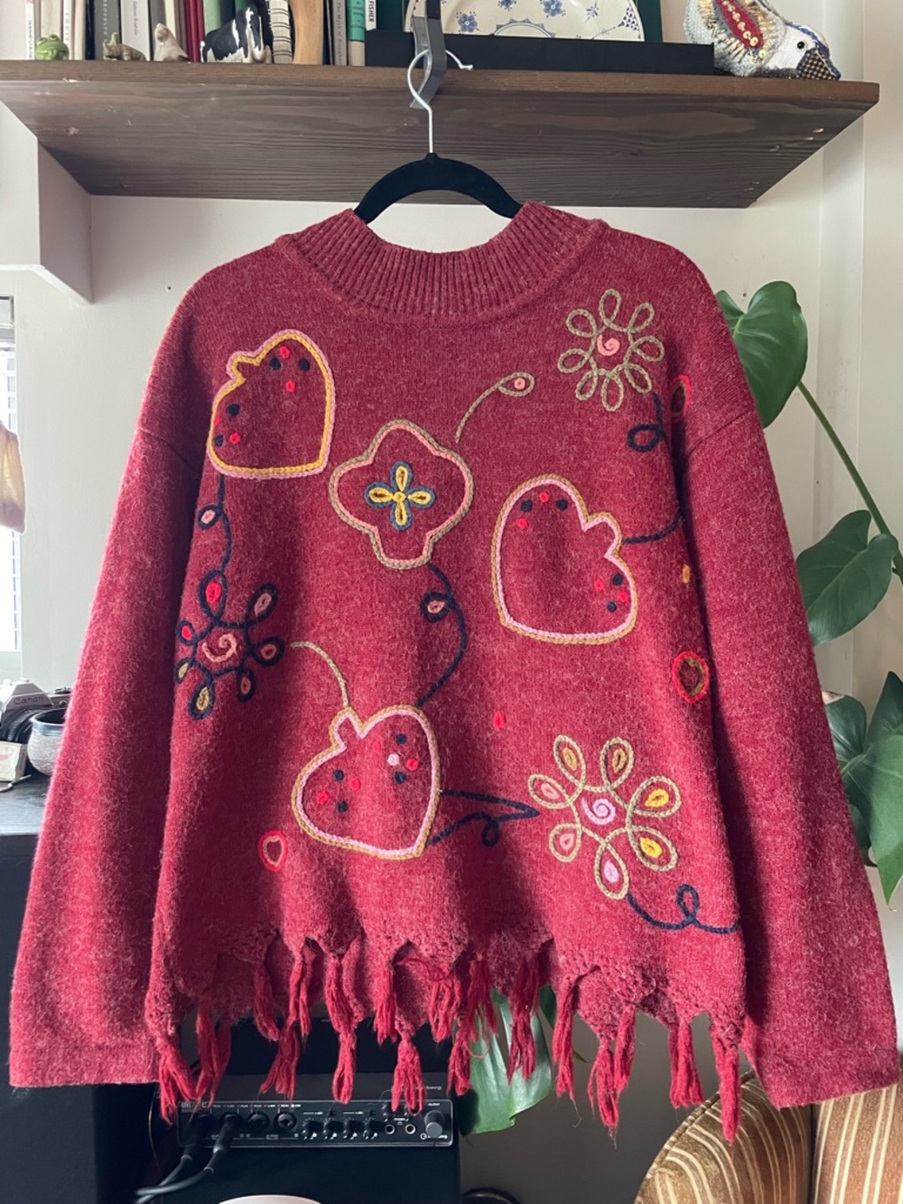 Red Fringe Embroidered Sweater